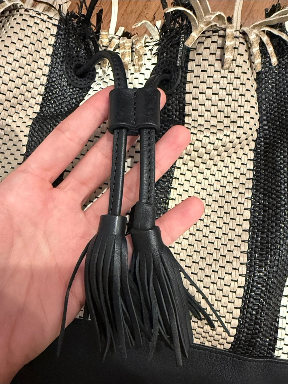Woven Striped Bag with Black Leather Trim & tassel